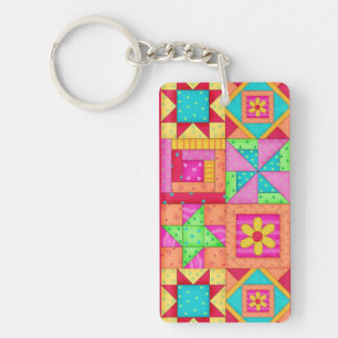 Colourful Patchwork Quilt Blocks Art Key Ring