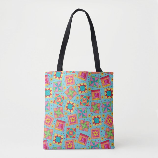 Colourful Patchwork Quilt Blocks Turquoise Blue Tote Bag (Front)