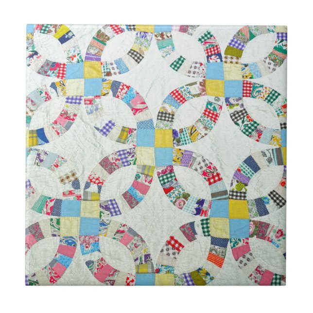 Colourful patchwork quilt ceramic tile (Front)