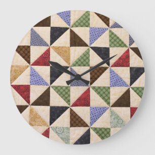 Colourful Patchwork Quilt: Flower Texture. Large Clock