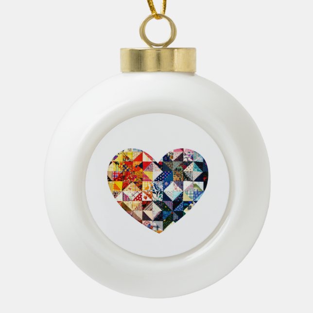 Colourful Patchwork Quilt Heart Ceramic Ball Christmas Ornament (Front)