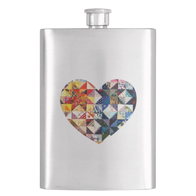 Colourful Patchwork Quilt Heart Hip Flask (Front)