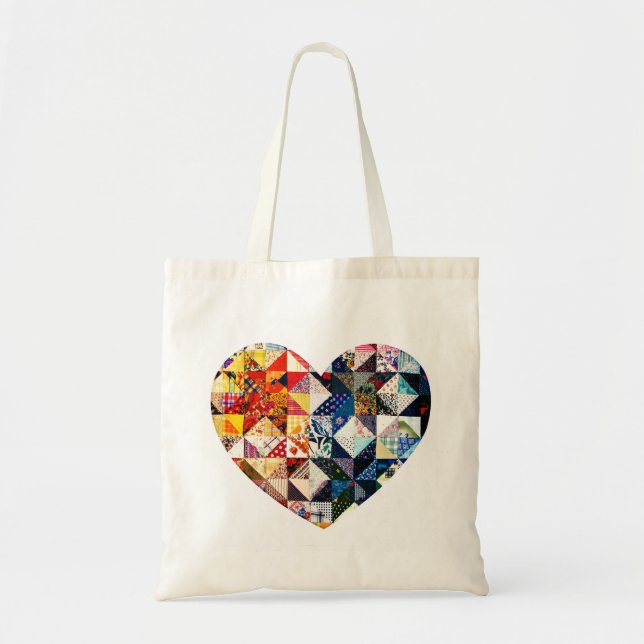 Colourful Patchwork Quilt Heart Tote Bag (Front)