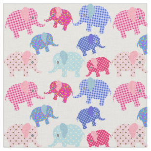 Colourful Patchwork Retro Elephant Print Fabric