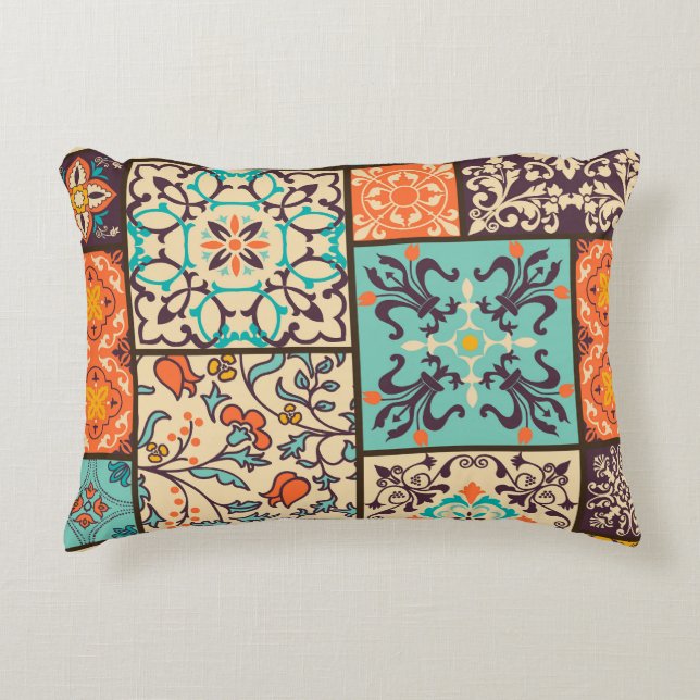 Colourful Patchwork Tile: Islamic Majolica Motifs Decorative Cushion (Front)