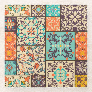 Colourful Patchwork Tile: Islamic Majolica Motifs Glass Coaster