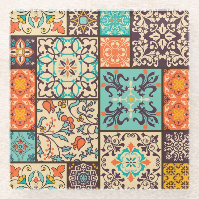 Colourful Patchwork Tile: Islamic Majolica Motifs Glass Coaster (Front)