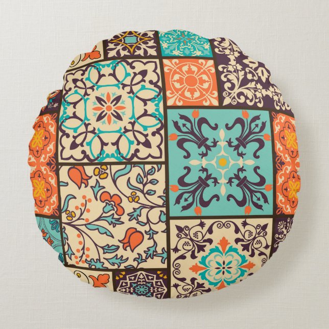 Colourful Patchwork Tile: Islamic Majolica Motifs Round Cushion (Front)