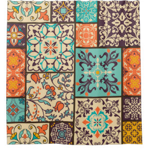 Colourful Patchwork Tile: Islamic Majolica Motifs Shower Curtain