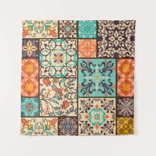 Colourful Patchwork Tile: Islamic Majolica Motifs Tapestry