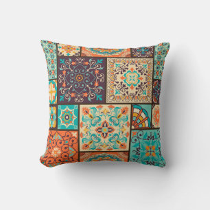 Colourful patchwork tile: Islamic motifs. Cushion