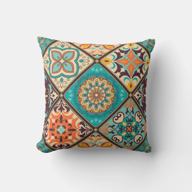 Colourful patchwork tile: Islamic motifs. Cushion (Front)
