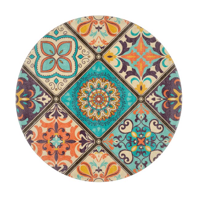 Colourful patchwork tile: Islamic motifs. Cutting Board (Front)