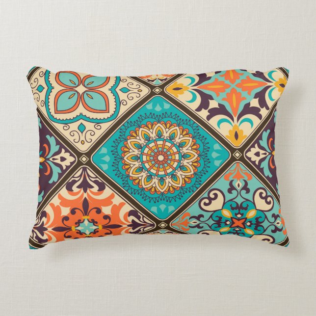 Colourful patchwork tile: Islamic motifs. Decorative Cushion (Front)
