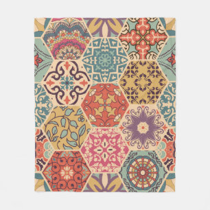 Colourful Patchwork Tile Islamic Motifs Fleece Blanket