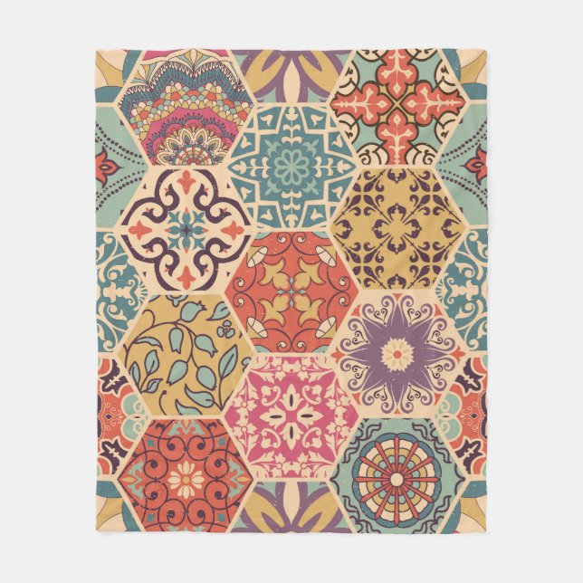Colourful Patchwork Tile Islamic Motifs Fleece Blanket (Front)