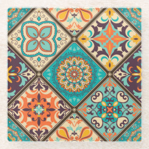 Colourful patchwork tile: Islamic motifs. Glass Coaster