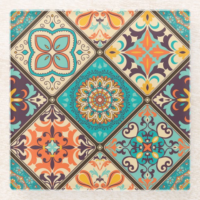 Colourful patchwork tile: Islamic motifs. Glass Coaster (Front)