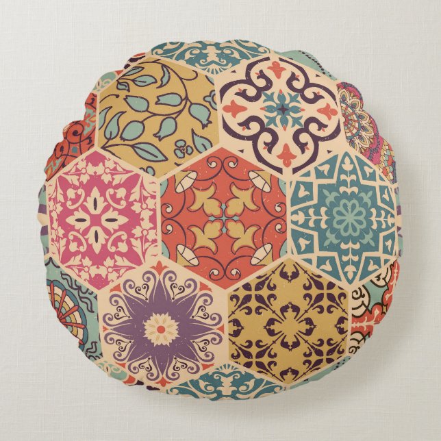 Colourful Patchwork Tile Islamic Motifs Round Cushion (Front)