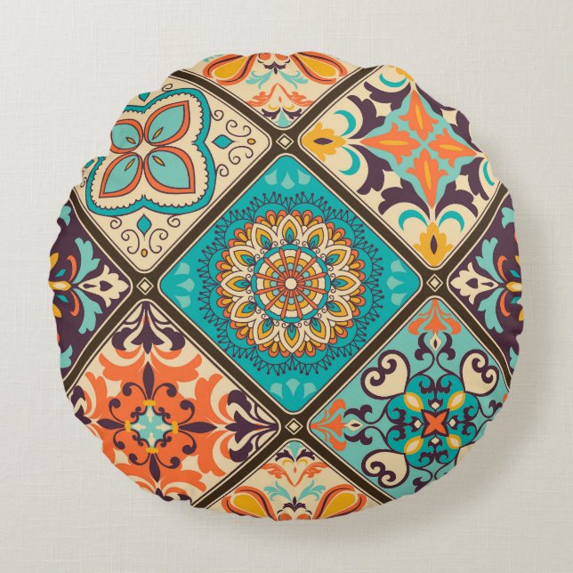 Colourful patchwork tile: Islamic motifs. Round Cushion (Front)