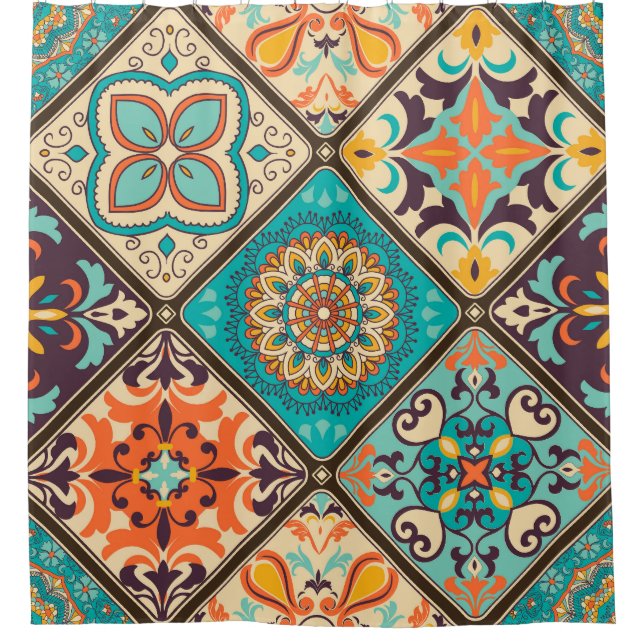 Colourful patchwork tile: Islamic motifs. Shower Curtain (Front)