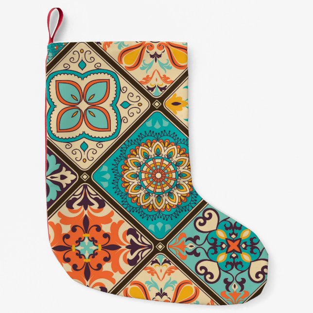 Colourful patchwork tile: Islamic motifs. Small Christmas Stocking (Front)
