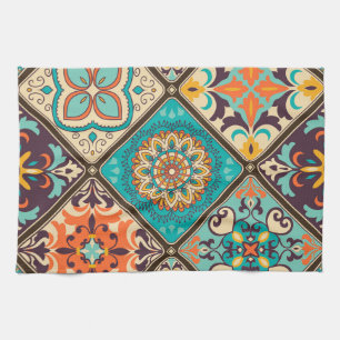Colourful patchwork tile: Islamic motifs. Tea Towel