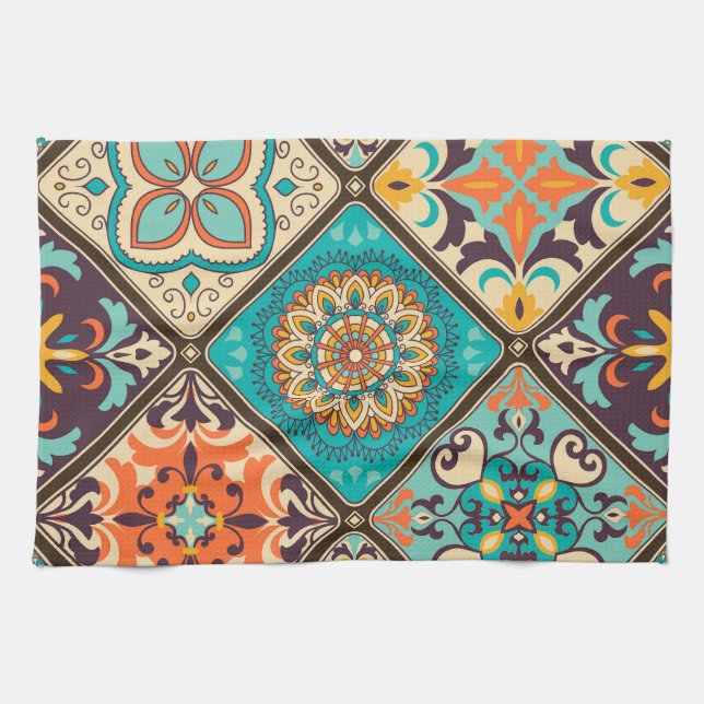 Colourful patchwork tile: Islamic motifs. Tea Towel (Horizontal)