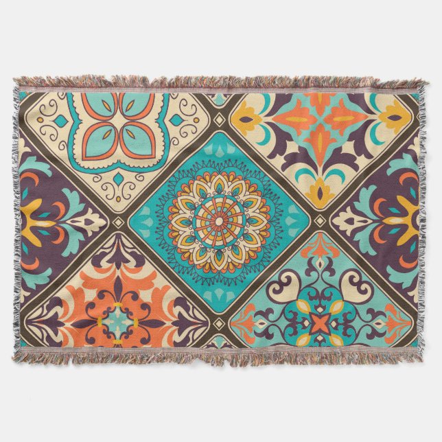 Colourful patchwork tile: Islamic motifs. Throw Blanket (Front)