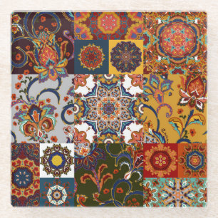 Colourful Patchwork Tile: Majolica Pottery Style Glass Coaster