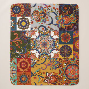 Colourful Patchwork Tile: Majolica Pottery Style Sherpa Blanket