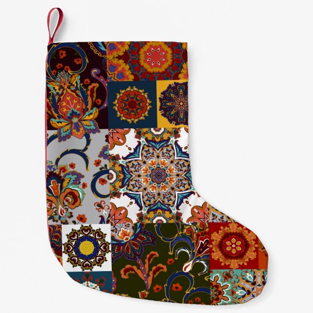 Colourful Patchwork Tile: Majolica Pottery Style Small Christmas Stocking (Front)