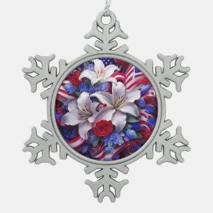 Colourful Patriotic Floral Design Graphic Snowflake Pewter Christmas Ornament