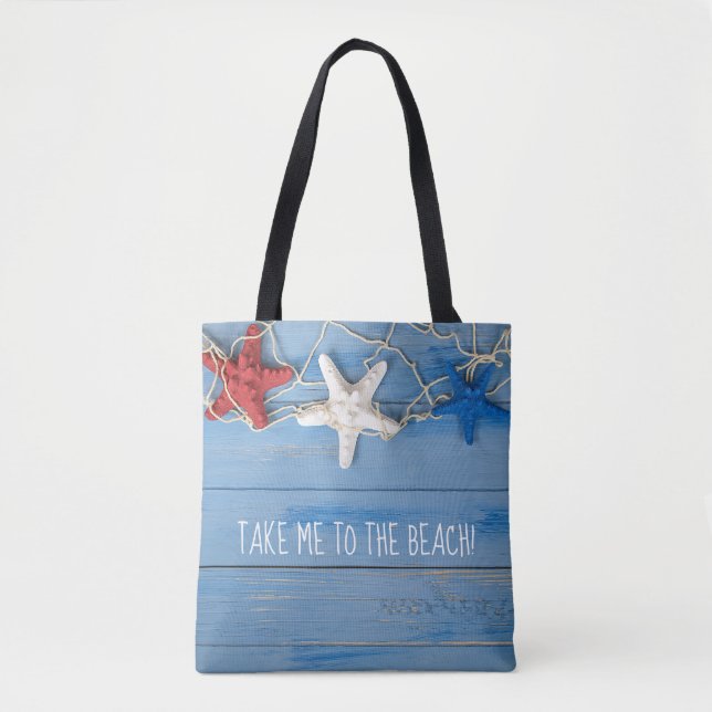 colourful patriotic starfish on wood with net tote bag (Front)