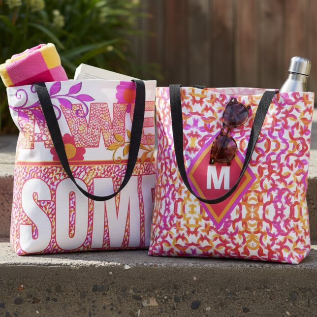 Colourful Pattern Bag With The Text Awesome (Playful design on one side, monogram magic on the other. For those who love to be different.)