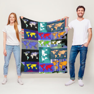 Colourful Pattern Mixed World Maps stamped allover Fleece Blanket