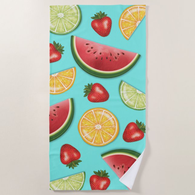 Colourful Pattern Of Citrus Melon Strawberry Fruit Beach Towel (Front)