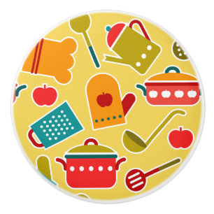 Colourful pattern of kitchen utensils ceramic knob
