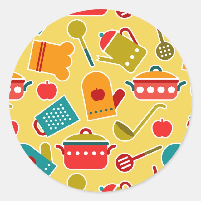 Colourful pattern of kitchen utensils classic round sticker (Front)