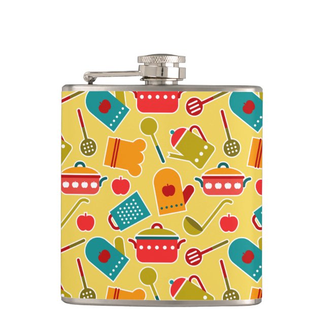 Colourful pattern of kitchen utensils hip flask (Front)