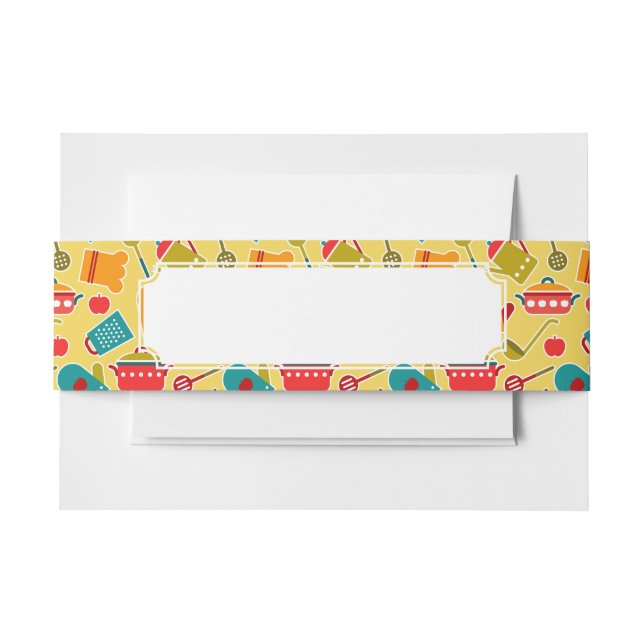 Colourful pattern of kitchen utensils invitation belly band (Front Example)