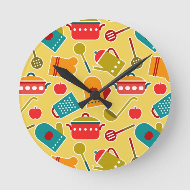 Colourful pattern of kitchen utensils round clock (Front)