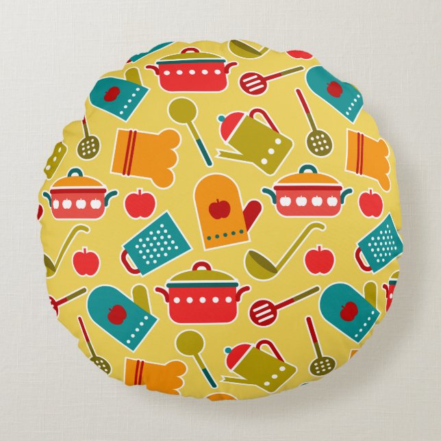 Colourful pattern of kitchen utensils round cushion (Front)