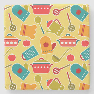 Colourful pattern of kitchen utensils stone coaster