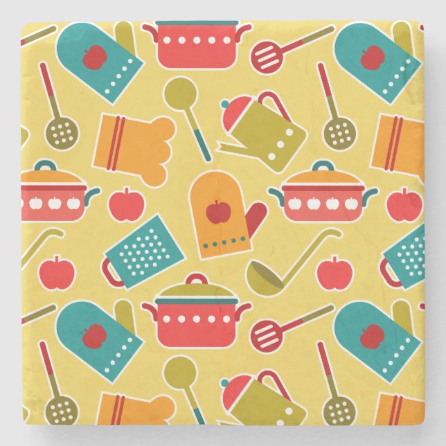Colourful pattern of kitchen utensils stone coaster (Front)