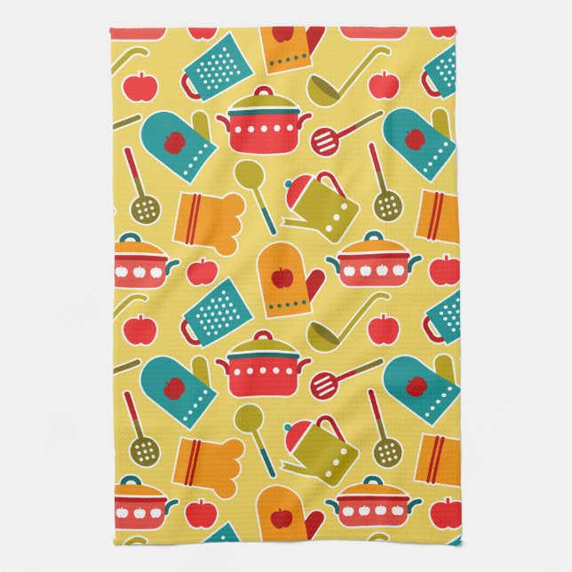 Colourful pattern of kitchen utensils tea towel (Vertical)