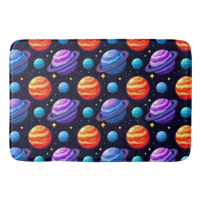 Colourful Pattern of Planets and Stars Bath Mat (Front)
