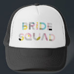 Colourful Pattern Typography Modern Bride Squad Ha Trucker Hat<br><div class="desc">Festive trucker hat featuring BRIDE SQUAD in colourful modern typography with mixed patterns. This will be perfect for bridal showers and bachelorette parties. Matching items are available.</div>