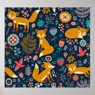Colourful pattern with a foxfox,pattern,forest,fal poster