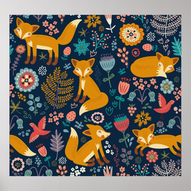 Colourful pattern with a foxfox,pattern,forest,fal poster (Front)